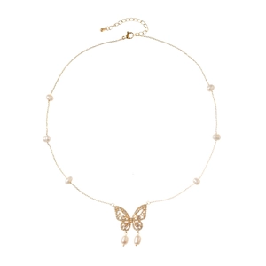 Elegant butterfly pendant necklace with freshwater pearls and sparkling crystals on gold chain