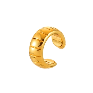 Minimalist gold ear cuff featuring a unique wave pattern with polished metallic finish