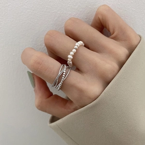Combinaison De Bagues En Perles D'eau Douce Minimaliste Français Géométrique Métal Argenté Bijoux De Mode Pour Femmes