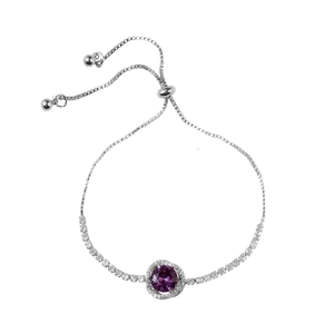 Bracelet ajustable en argent avec zircon violet rond et micro-pavage de cristaux blancs