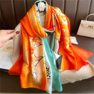Elegant Satin Satin Feeling Scarf Shawl Women Large Floral Abstract Geometric Print Sun Protection Lightweight Travel Beach