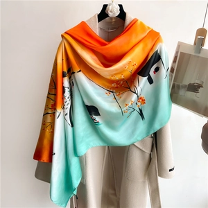 Elegant Chinese ink floral long silk shawl with orange and green gradient color transition