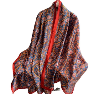 Luxurious long silk scarf with navy floral vine patterns and a red border for women