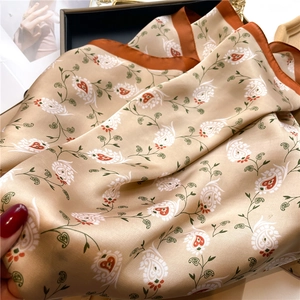 Elegant paisley satin scarf in champagne gold and caramel brown, 70x70cm silk-like shawl