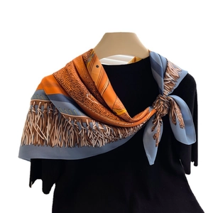 Luxury silk twill scarf with vibrant orange and blue geometric prints 90x90cm