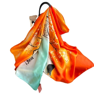 Luxury silk scarf with orange and cyan gradient bird and flower ink painting