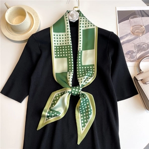 Women Skinny Satin Like Scarf Polyester Printed Neck Tie Narrow Long Bandana Fashion Polka Dot Geometric Retro Style Accessory