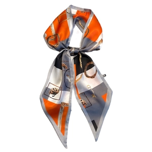 Silk-like skinny scarf with retro gold chain and key pattern in orange and grey block colors