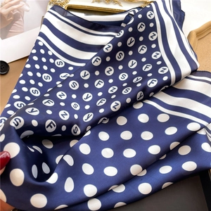 Polka dot and stripe patterns on a navy blue silk scarf for women, size 70x70cm