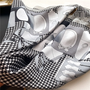 Elegant houndstooth silk square scarf featuring French fashion illustration patterns
