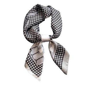 Elegant black and white houndstooth silk-like scarf with abstract pattern for women