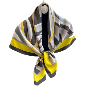 Fashionable 90cm geometric silk square scarf in yellow and grey with satin finish
