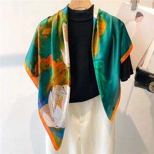 Elegant 90cm silk-feel square scarf with lotus floral print and orange contrast borders