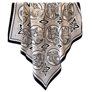 Elegante pañuelo de seda de 90cm con estampado de conejo en negro blanco y gris