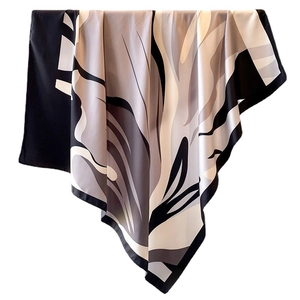 Elegant 90cm satin square scarf with abstract color block patterns in monochrome tones