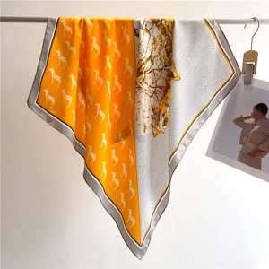 Detail of silk square scarf featuring orange zebra print and forest deer illustration