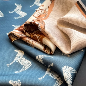 Teal and beige satin square scarf featuring zebra print and abstract nature textures