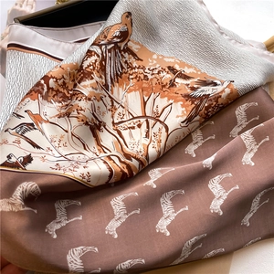 Detail of silk satin scarf featuring realistic eagle motifs and white zebra horse prints