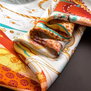 Hot air balloon printed satin scarf for women with elegant orange and yellow silk patterns