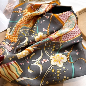 Hot air balloon pattern silk scarf for women in orange and gray color block 70x70cm