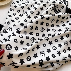 Elegant 90cm black and white floral silk scarf with MY letters and smooth satin texture