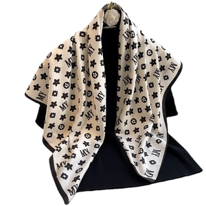 Elegant black and white 90cm square silk scarf with MY letters and geometric patterns