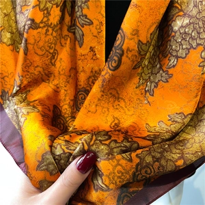 Orange faux silk scarf 90cm with vintage floral prints and smooth satin texture