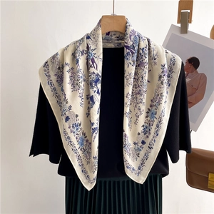 Elegant off-white silk-like scarf with blue floral prints and bird pattern for women
