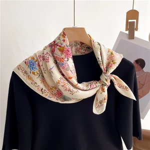 Elegant Square Scarf Polyester Satin Botanical Flower Bird Print French Style Hair Bandana Neck Wrap Women