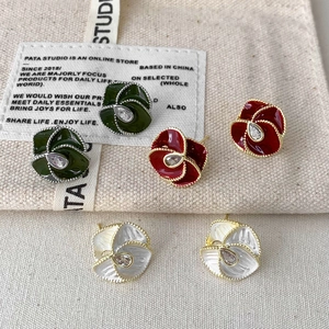 Vintage Flower Petal Stud Earrings Copper Enamel With Water Drop Zircon Elegant Floral Jewelry For Women