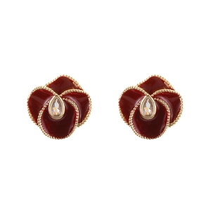 Retro red enamel flower stud earrings with gold beaded edges and teardrop crystal accents