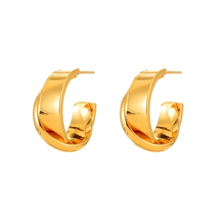 Polished gold double-layered C-shaped crossover stud earrings with high-gloss finish