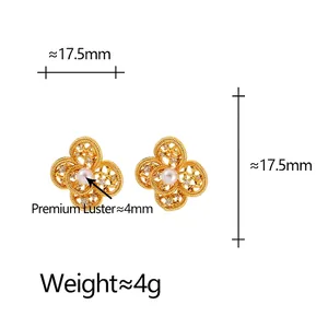 Elegant 18K gold hollow flower earrings with white pearl and sparkling zircons
