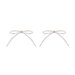 Minimalist transparent beaded bow earrings with central silver accent on white backdrop