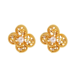 Elegant gold flower stud earrings with pearl centers and zircon crystals on white background