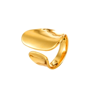 Minimalist gold adjustable open ring with artistic fluid leaf design and polished finish