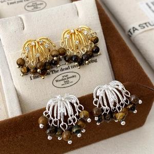 Tiger Eye Stone Dangle Earrings French Style Copper Fireworks Tassel With Zircon Decorative For Women