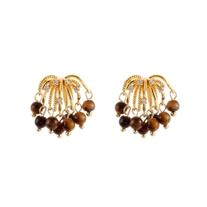 Elegant gold earrings with sparkling white zircons and hanging tiger eye stone beads