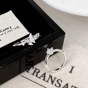 Bagues Ouvertes Style Coréen Cuivre Argenté Zircon Papillon Solitaire Bijoux De Mode Réglables Pour Femmes