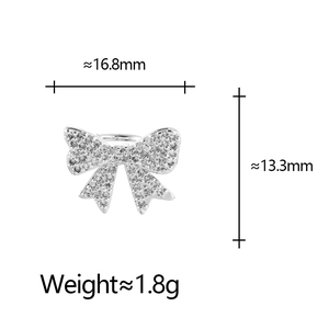 Detail showing dimensions of silver bow earring with cubic zirconia, 16.8mm x 13.3mm