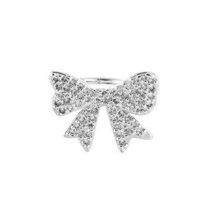 Elegant silver bow ring featuring micro-pave cubic zirconia in a minimalist Korean style