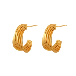 Minimalist gold C-shaped stud earrings with textured multi-layered twisted ripple design