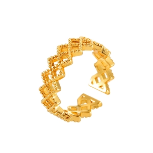 Adjustable hollow geometric lattice ring in gold plating with fine beaded edge accents