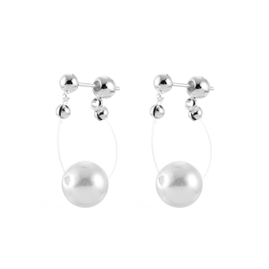 French minimalist silver pearl drop earrings with polished beads and circular dangle design