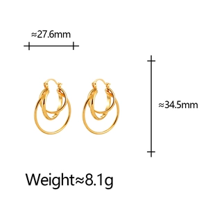 Minimalist golden multi-layer triple hoop earrings with 34.5mm size and 8.1g weight details