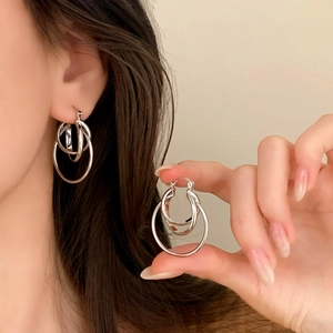 Elegant multi-layered silver geometric hoop earrings for women with a high-polished finish