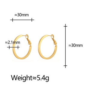 Detail view of 30mm gold hoop earrings showing specific dimensions and thickness specs