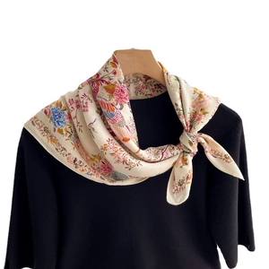Elegant floral and bird print silk-like square scarf with traditional patterns for women