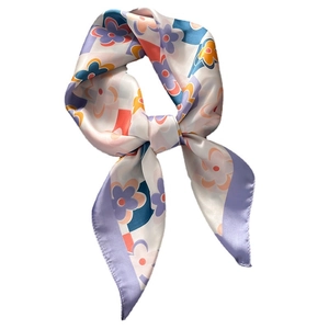 Silk-like square scarf with floral geometric pattern and purple border for women