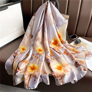Women Large Satin Satin Feel Scarf Lotus Flower Print Shawl Sun Protection Travel Long Wrap Lightweight Luxury Floral